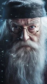 Snow-dusted elderly wizard portrait under cold blue light