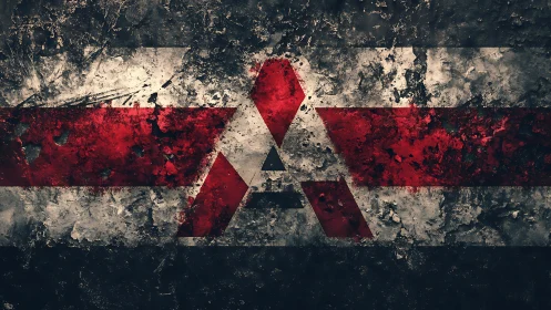 Grungy red geometric emblem on distressed flag background.