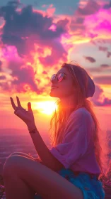 Sunlit silhouette portrait with neon gradient sunset sky.