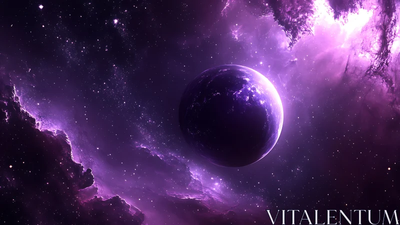 Purple planet in glowing nebula and star filled deep space.