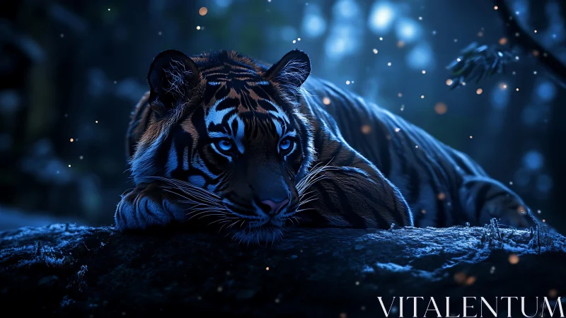 Digital tiger render lies on forest ground under cool blue light