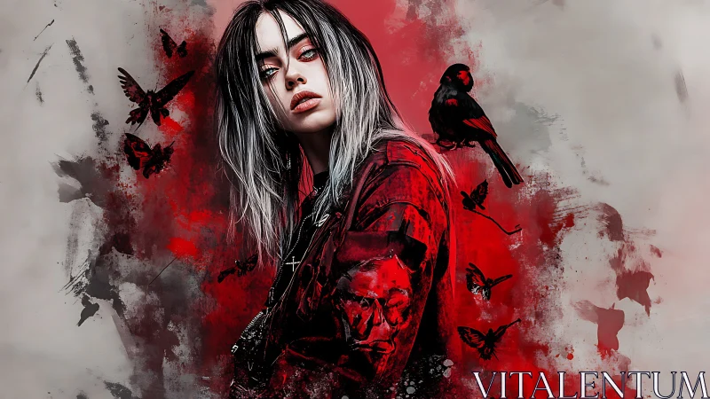 Stylized portrait of woman with birds and red abstract background.