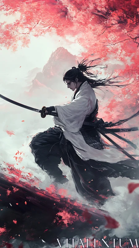 Crimson Petal Ronin poised in swirling mountain mist.