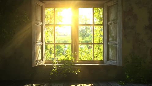 Golden sunrise pours through rustic wooden window frame.