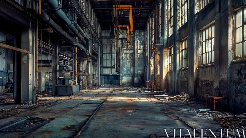 Sunlit abandoned factory interior with decaying machinery.