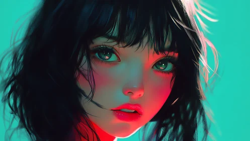 Neon lit anime girl portrait shows intense reflective gaze