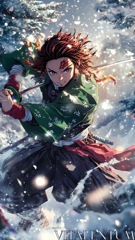 Snow-swept sword fighter charging through a winter storm.