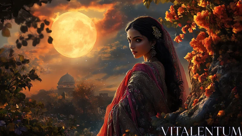 Moonlit sari enchantress beneath a blazing harvest sky.