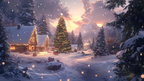 Snow-covered log cabins with decorated Christmas tree at dusk.