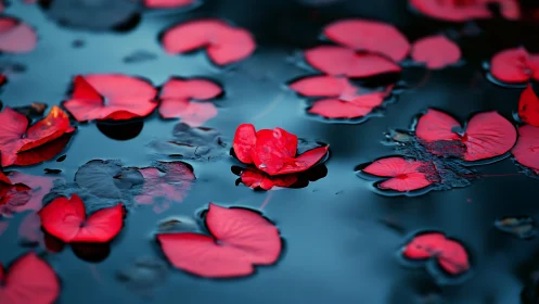 Rose petals floating on blue water surface.