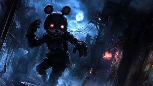 Gigantic cyborg bear animatronic advances through neon rain alley