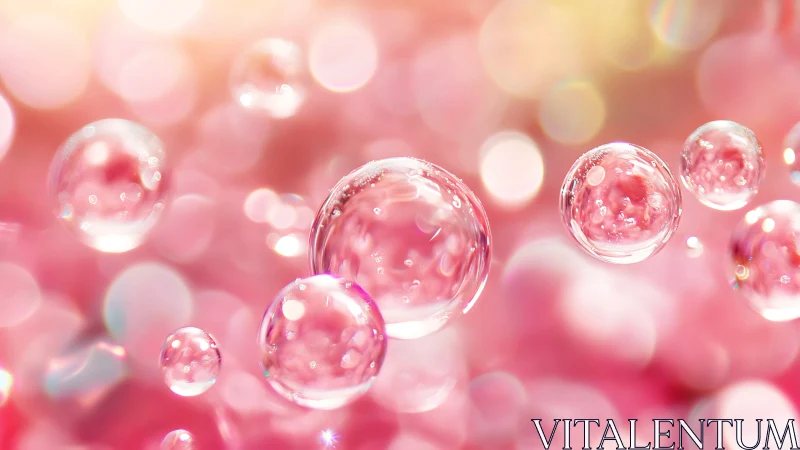 Transparent pink bubbles over soft bokeh background.
