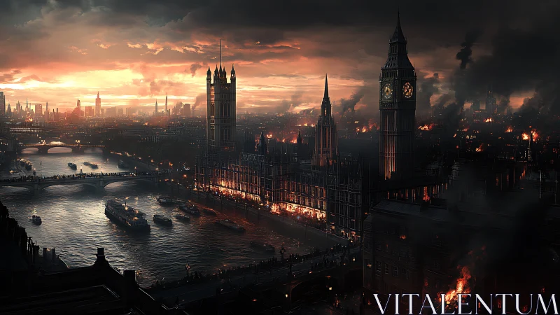 London riverside skyline is depicted under widespread fires