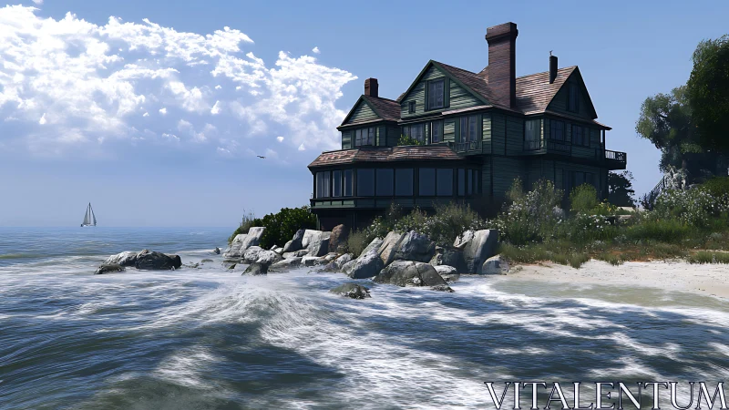 Large coastal house stands on rocky shoreline beside waves