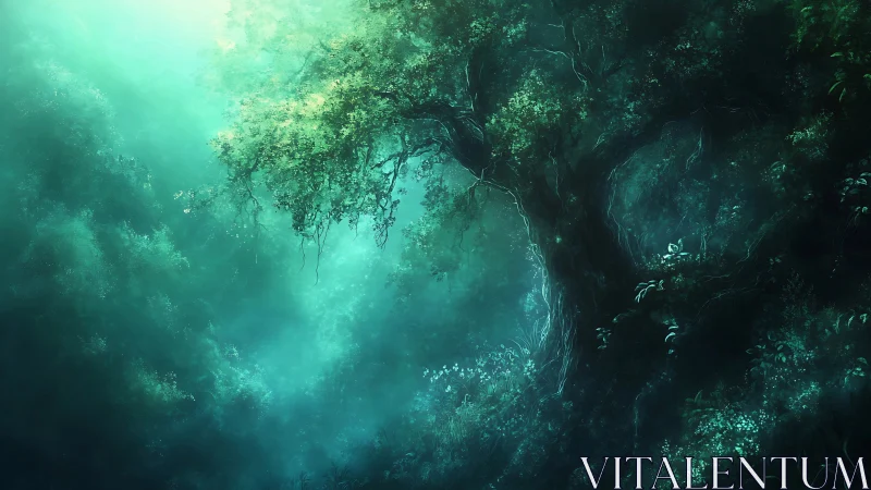Mystical forest tree glows softly in misty emerald light