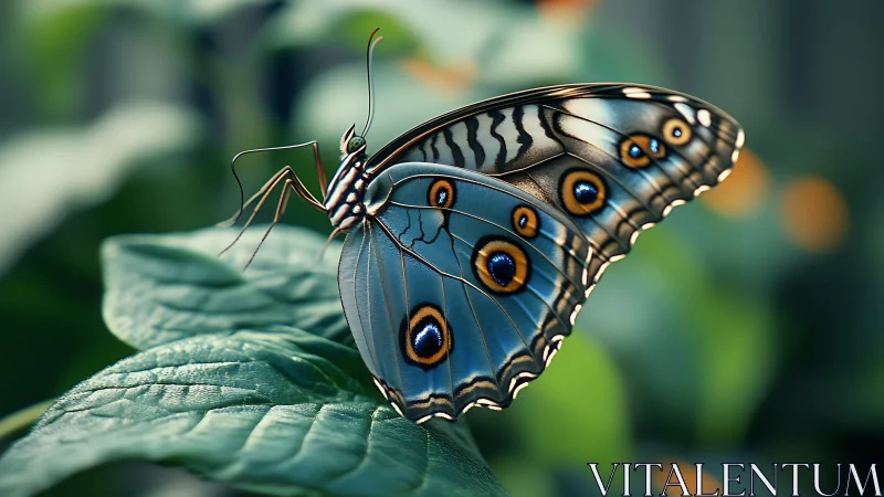 Blue butterfly on leaf with detailed eye spot wings.