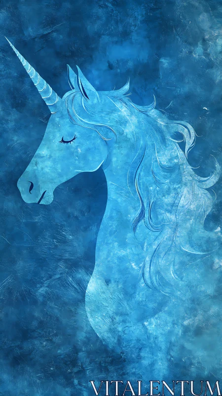 Monochrome blue digital rendering depicts a unicorn profile