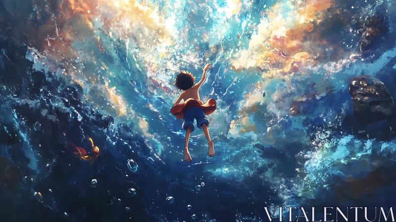 Submerged youth ascending toward refracted celestial surface.