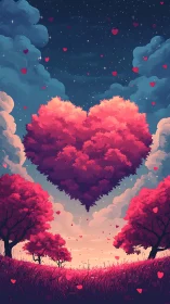 Digital landscape with massive heart-shaped cloud formation amid pink trees