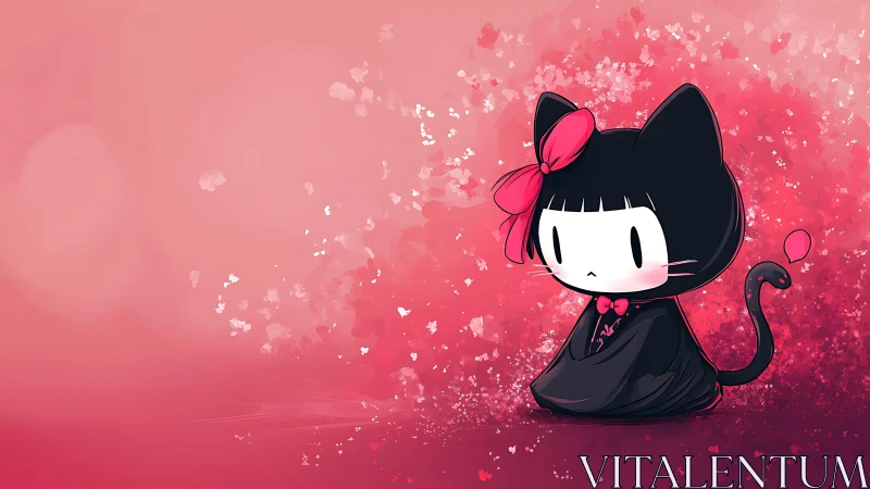 Black cat girl in kimono on soft pink abstract background.