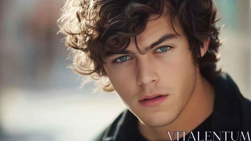 Curly haired young man gazes forward in soft daylight