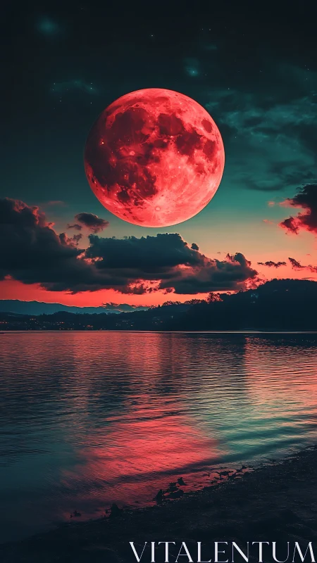 Red full moon dominates sunset sky over calm reflective lake