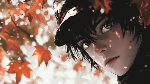 Autumn anime portrait with reflective gaze and maple leaves.