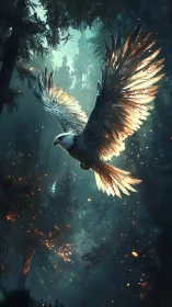 Radiant eagle ascends through ember-lit, misted forest air