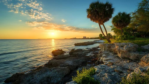 Sunlit rocky shoreline with palm trees at tranquil sunset.
