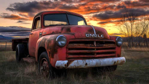 Weathered red farm truck resting under a glowing sunset sky.