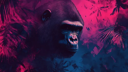 Neon-lit gorilla portrait emerges from abstract jungle glow.