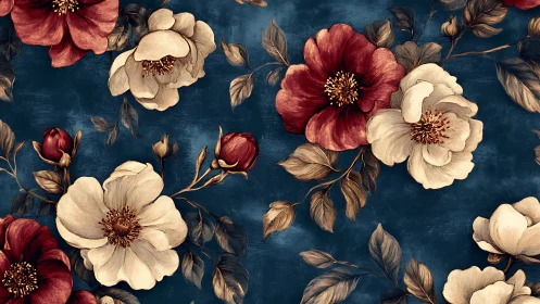 Dark Teal Floral Composition with Crimson and Cream Botanical Elements