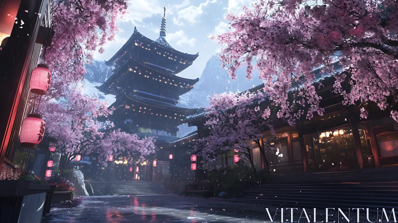 3D sakura courtyard with tiered pagoda and lantern-lit colonnade.