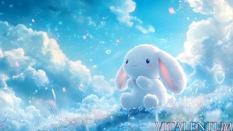 Fluffy white bunny rests under glowing pastel sky.