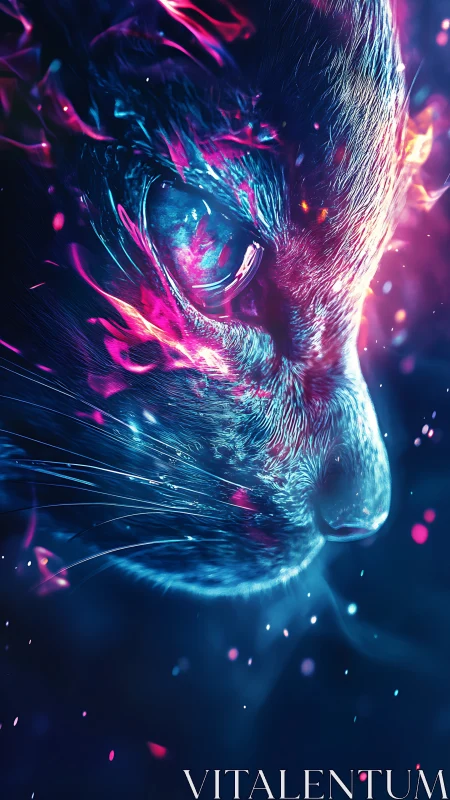 Neon cyber cat gazes into swirling electric night light