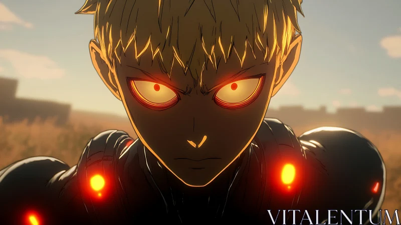 Intense cyborg warrior with glowing eyes at dusk.