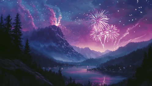 Mountain lake under fireworks and volcanic activity at dusk.