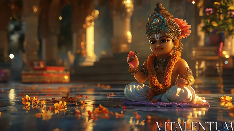 Baby deity idol in ornate temple with scattered flowers.