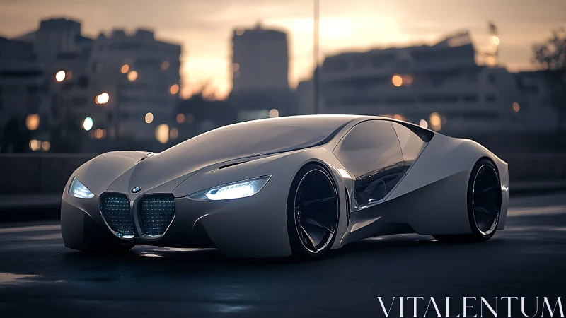 Futuristic BMW sports car render is parked on urban street