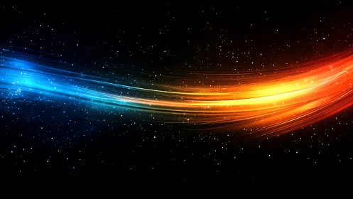 Blue to orange light streak across starry black space.