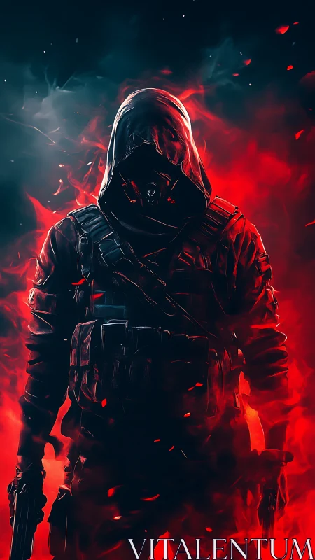 Digital painting of hooded tactical operative in infernal backlight.