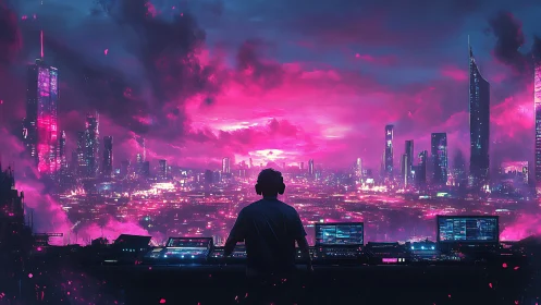 DJ overlooks neon cyberpunk city skyline at glowing sunset