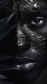 High-contrast monochrome portrait isolates a textured, glossy face