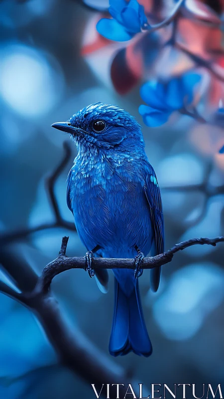 Blue songbird rests on branch in dreamy bokeh forest.