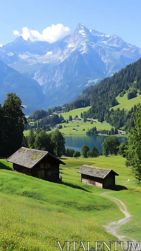 Sunlit mountain valley welcomes quiet cabins and clear lake