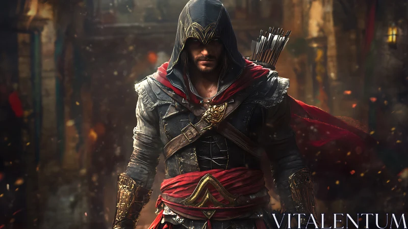 Hooded assassin strides through ember-lit city streets at dusk