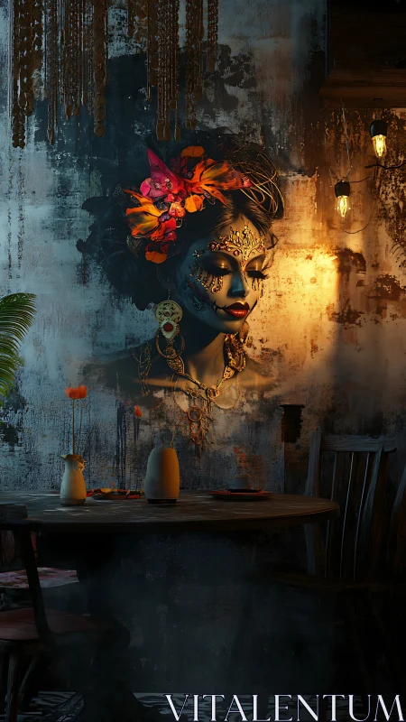 Moody caf&eacute; wall mural of ornate woman in warm light.