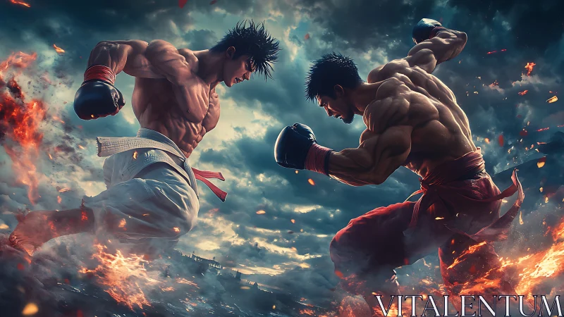 Two muscular fighters exchange blows mid-air against dramatic storm sky