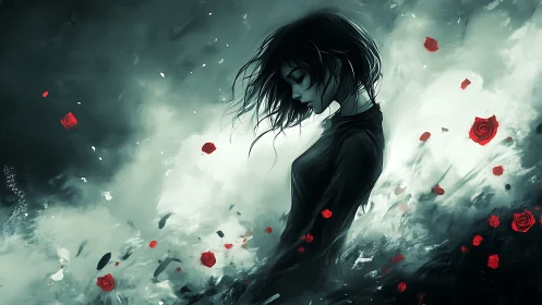 Melancholic girl in dark mist with scattered red roses.