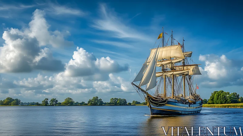 Fully rigged tall ship under sail on calm river estuary
